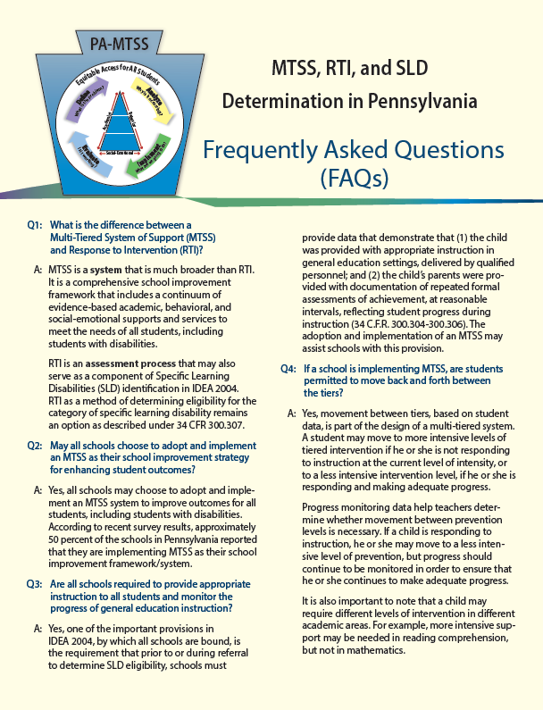 MTSS, RTI, and SLD Determination in Pennsylvania FAQs